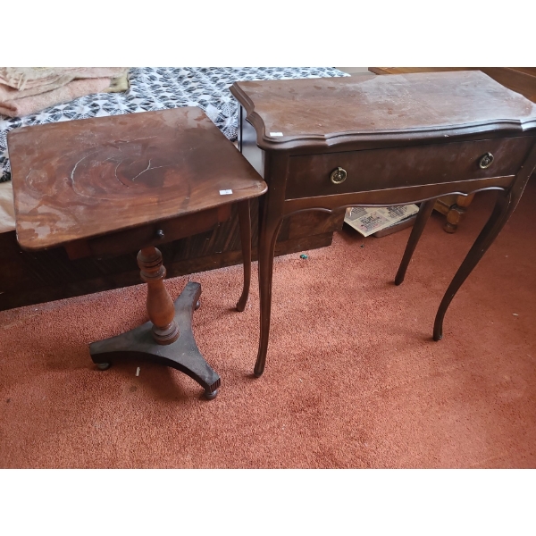 Pair of Dark Wood Side Tables with Drawers 30 T, 26 L, 12 W and Pedestal 27 T, 16 L, 16 W