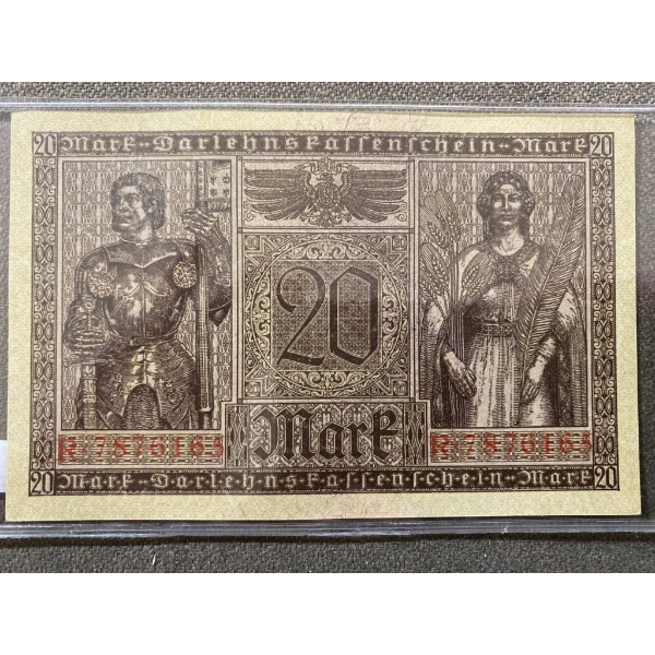 1920s German Notgeld 20 Mark Banknote with Detailed Engravings