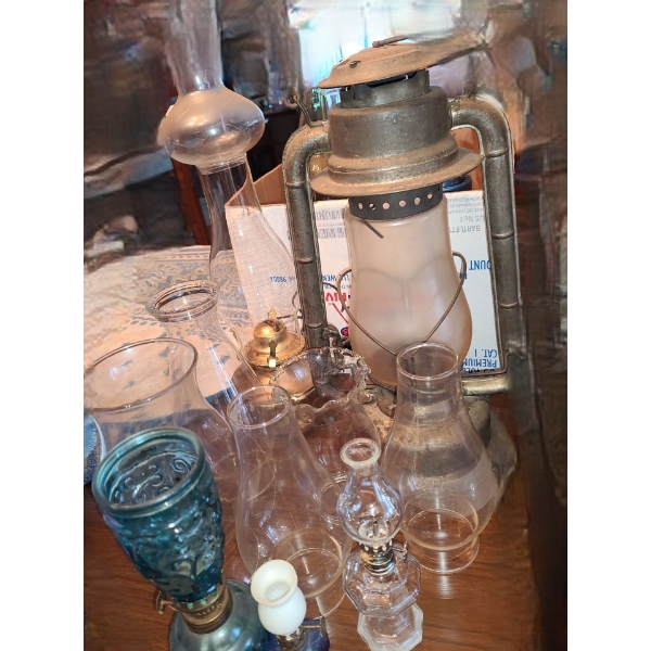 Collection of Oil Lamps, Hurricane Glass, Tallest Miner's Lamp 15 T