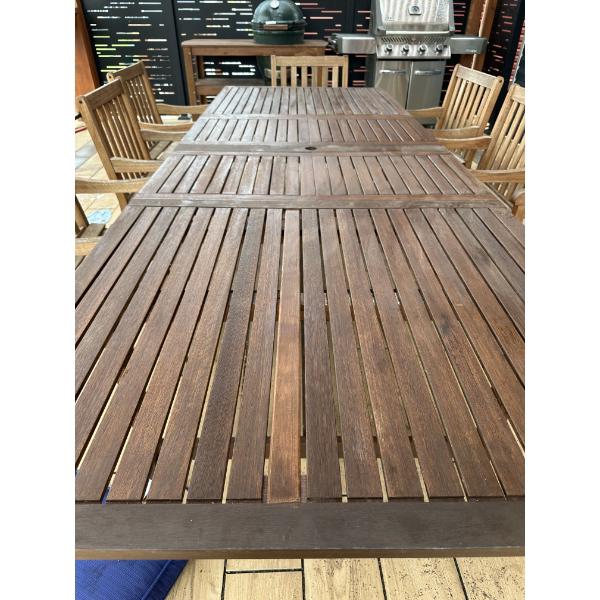 Outdoor Amazonia Table 118.5 w, 29.5 h, 42 d and 10 Arm Chairs 23 w, 34.5 h, 19 d w/ Cushions
