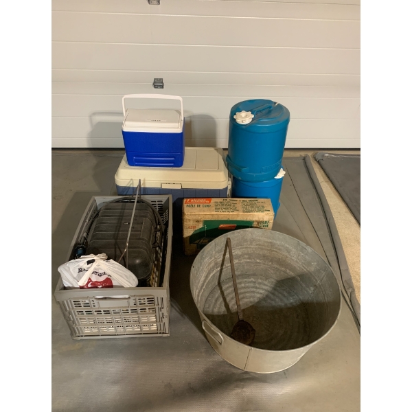 Camp Gear Lot Including Coolers, Propane Stoves and Water Containers