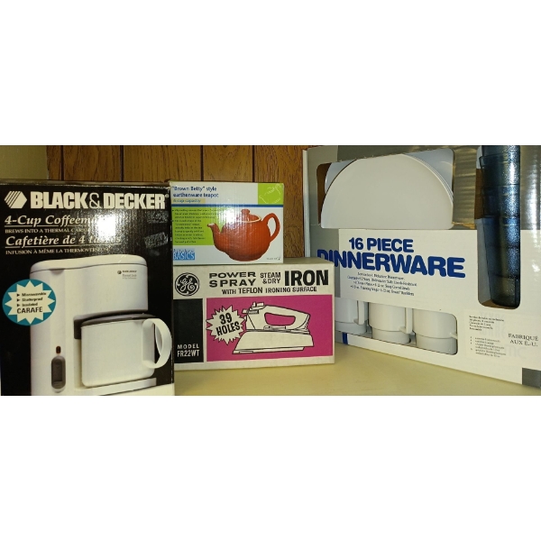 16 Piece Dinnerware Set,  4 Cup Coffee Maker, Tea Pot & Power Spray Iron W/ Teflon