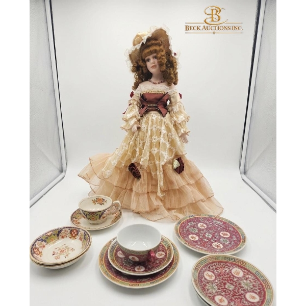 Collection Of Vintage Items Victorian-Style Porcelain Doll And Decorative China Teaware.