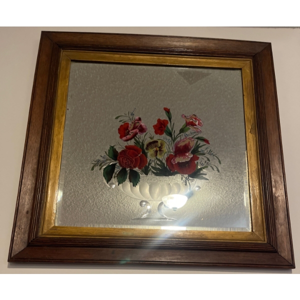 Victorian Reverse Painted Mirror Encased in Walnut Beveled Frame 30x30