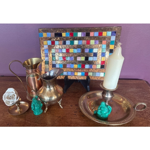 Mosiac Tiled Art Plate Brass Candlestick Holder Copper Cream Caddies & More