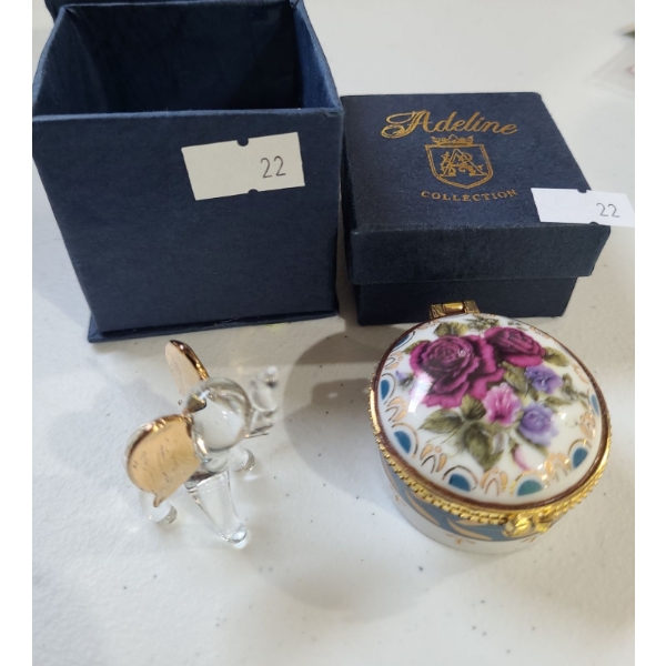 Small Glass Elephant 1.5 T and Adeline Porcelain Box 1.5" Diameter