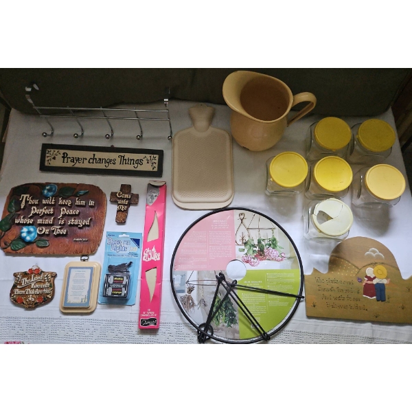 Religious Plaques, Kitchenware, and Decorative Items