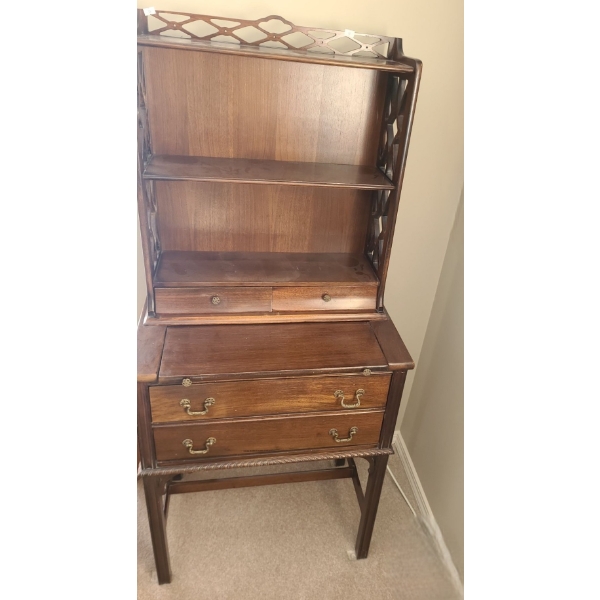 Vintage Wooden Secretary Style Desk w/ Writing Surface, Display Shelves, Drawers 24 W, 15 D, 53.5 T