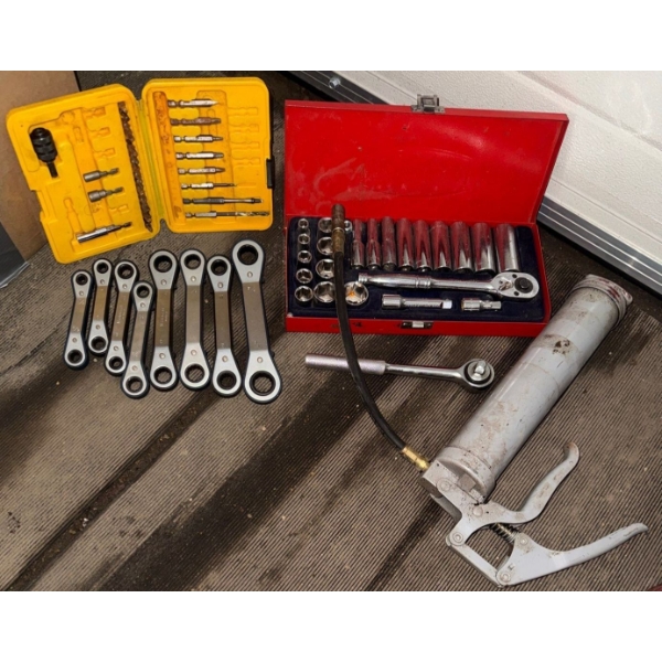 Hand Tool Assortment - Socket Set Grease Gun Rachet Wrench Set & More