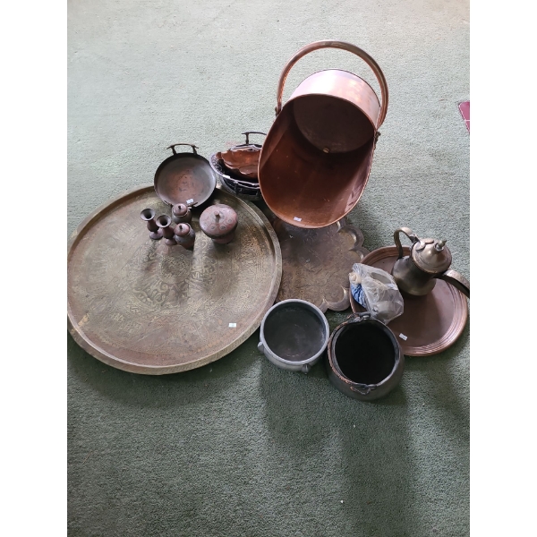 Collection of Metal Decor, Large Plate 26 Diameter, Copper Fireplace Log Holder and More!