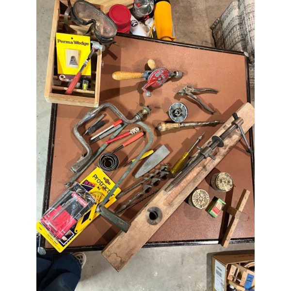  vintage woodworking tools, including a brace and bit, various auger bits, a wooden marking gauge, a