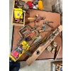 Image 1 :  vintage woodworking tools, including a brace and bit, various auger bits, a wooden marking gauge, a
