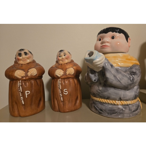 Twin Winton Salt & Pepper Shakers Plus Jug, Monk Themed 