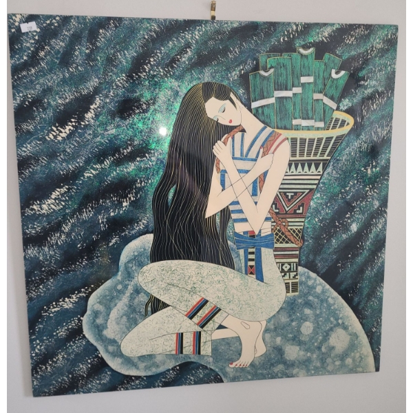 High Glaze Paint on Board of Woman Holding Basket  23.5 X 23.5