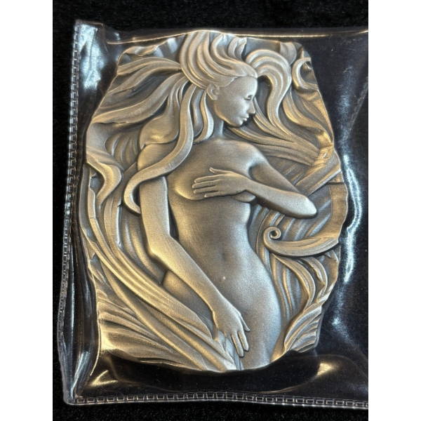 Silver Art 10 oz Bar Woman with Flowing Hair Antiqued finish .9999The art on this ultra high relief
