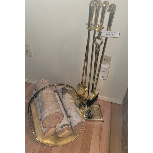 Brass Fireplace Tool Set with Matching Log Holder