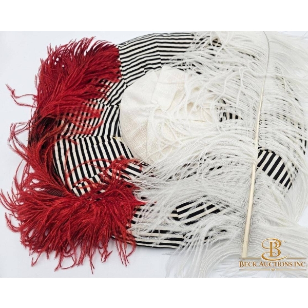 Hand Made Striped Textile Headpiece with Red Feather Detail