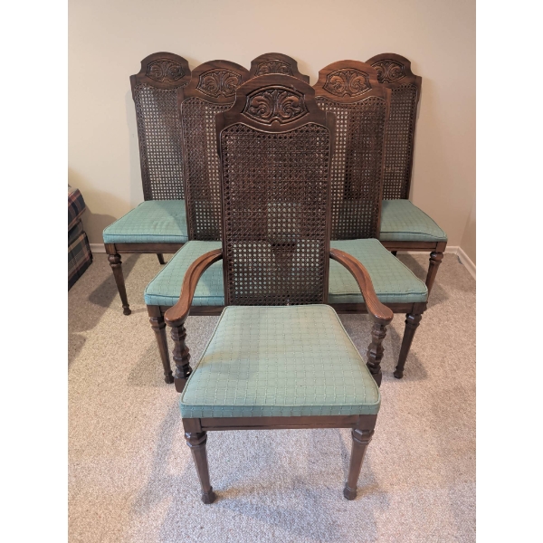 Six Vintage Dining Chairs with Carved Wooden Frame & Wicker Overlay