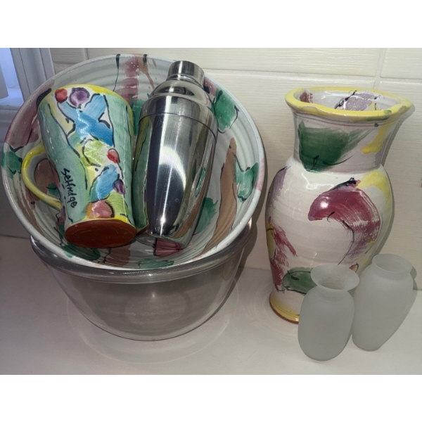 Italian Majolica Style Kitchen Collection w/ Frosted Glass Vases & Cocktail Mixer