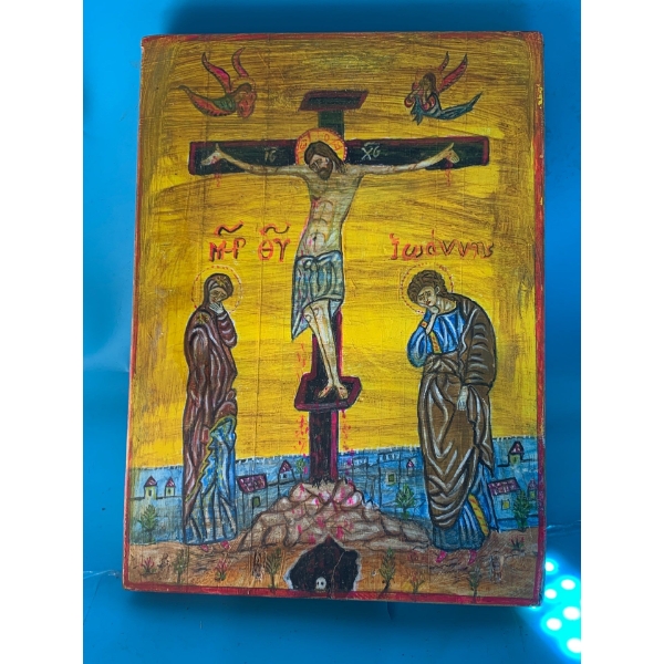 Jesus on the Cross Painted on Wooden Board - 9x12.5