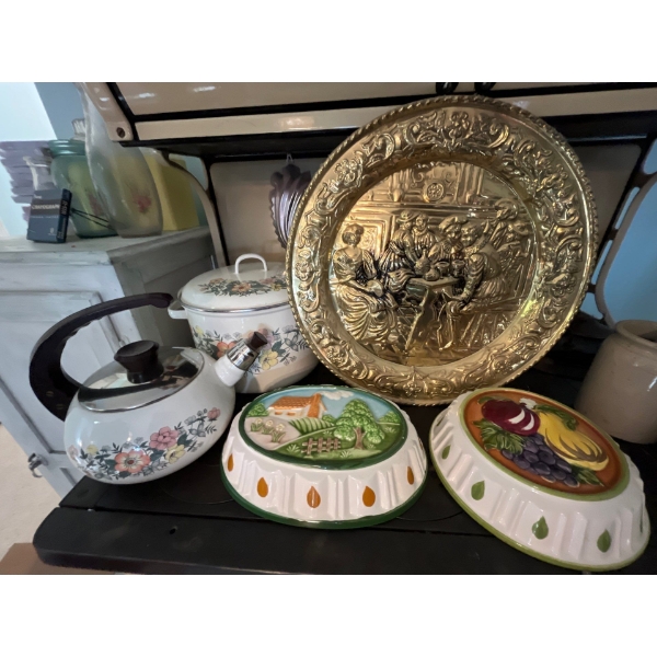 enamel canning pot with matching tea pot and two ceramic wall hangers with vintage copper wall hangi