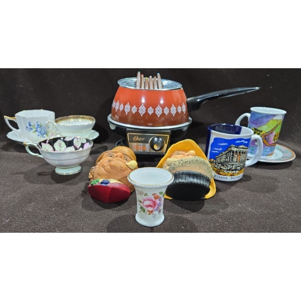 2 Bosson Heads + Oster Fondue Pot W/Fondue Forks + Various China Ware Pieces