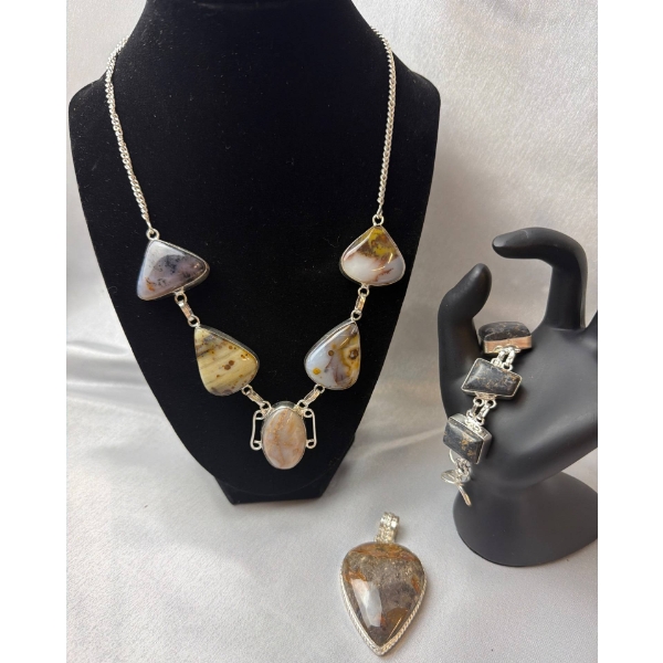 Stamped .925 Jasper Agate Pendant, Dendritic Agate Necklace, Pietersite Bracelet