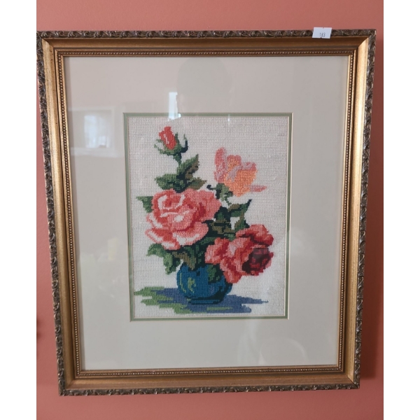 Framed Needlepoint of Roses in Vase 16 X 19