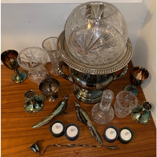 Elegant Iridescent Mud Puddle Effect Metal Servingware w/ Crystal Glassware Collection 
