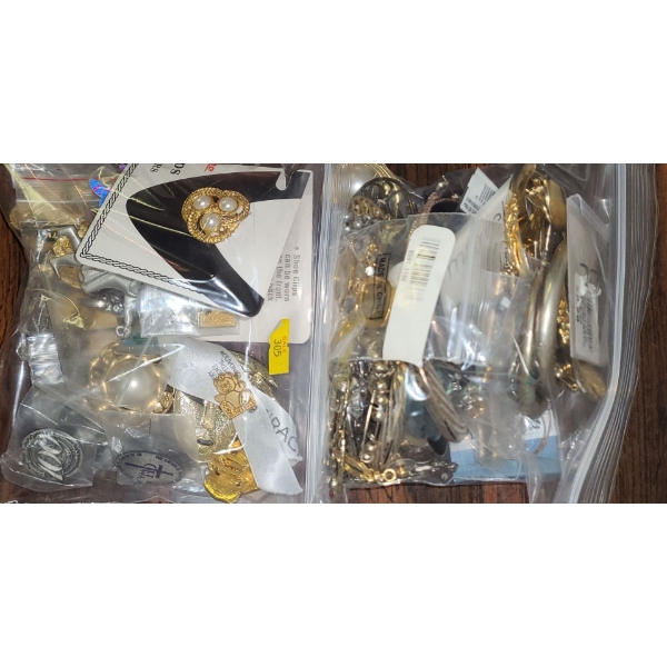Costume Jewelry (5): Pins, Shoe Clips, Bag of Matched Pair Earrings (Some New)