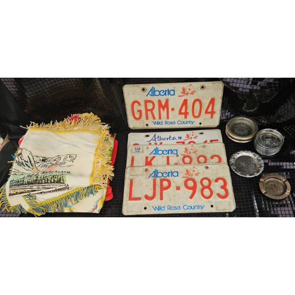 Alberta License Plates, Decorative Textile, and Pewter Items