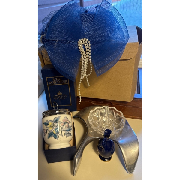 Vintage Hat w/ Blue Toole & Bead Detail w/ Hoselton Bird Figure Royal Worchestor Dish & More