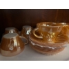 Image 4 :  vintage Anchor Hocking Fire-King Peach Lustre 6 tea cups with matching plates and cream and sugar.