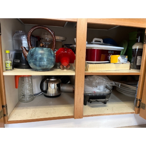 All Contents of Bottom Kitchen Cupboards.  Several Electrical Appliances, Pots and Pans, With Large 