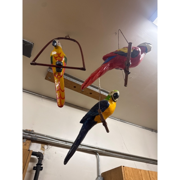 Three Handcrafted Hanging Parrot Decorations on Perches