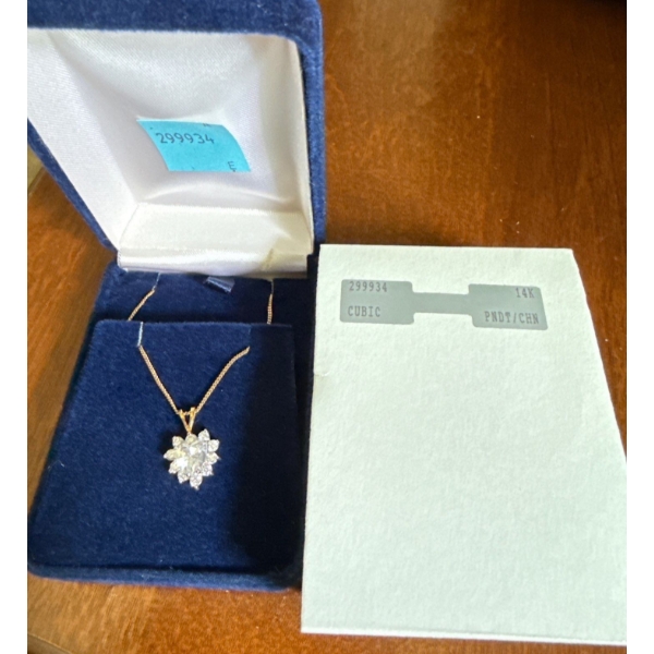 Yellow Gold 14K Stamped Pendant & Chain, Clear Stones, Weighs 3.00g 