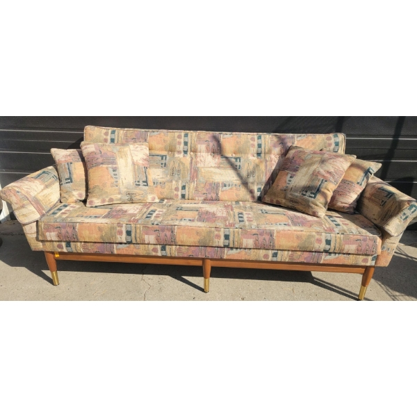 Teak Sofa w/ Jacquard Upholstery & Brass Embellished Legs  
