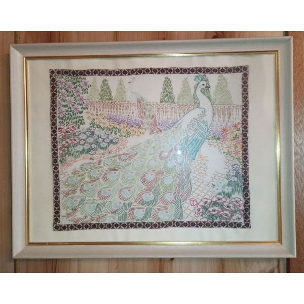 Beautiful Vintage Crewel Embroidery Peacock Tapestry  Framed Art  Hand Made