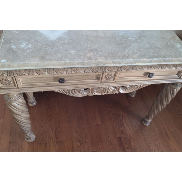 Wood and  Marble Console Table 54 W, 22 D, 36 T 