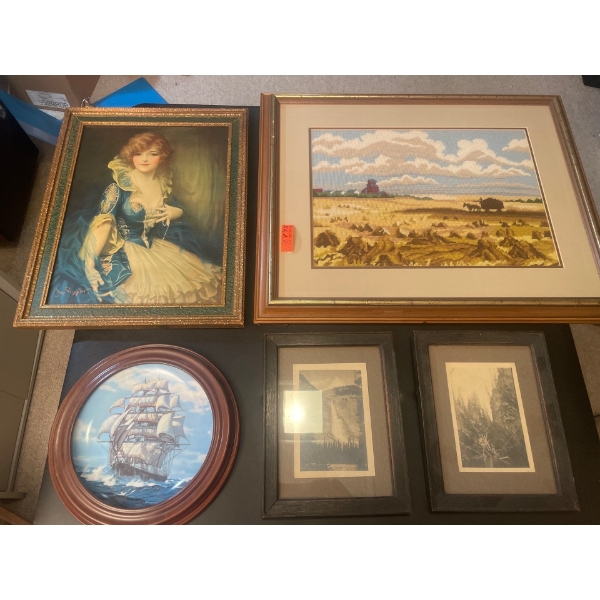 Picture of Girl in Ornate Frame 19  x 15 , Needlepoint Farmscape 26  x 21 , Framed Pictures 8.5  x 1