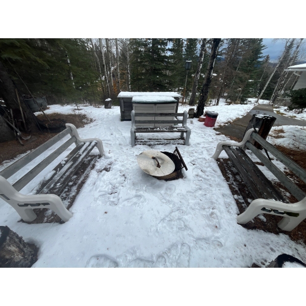three wood and plastic benches all in good condition great for around the fire pit fire pit not incl