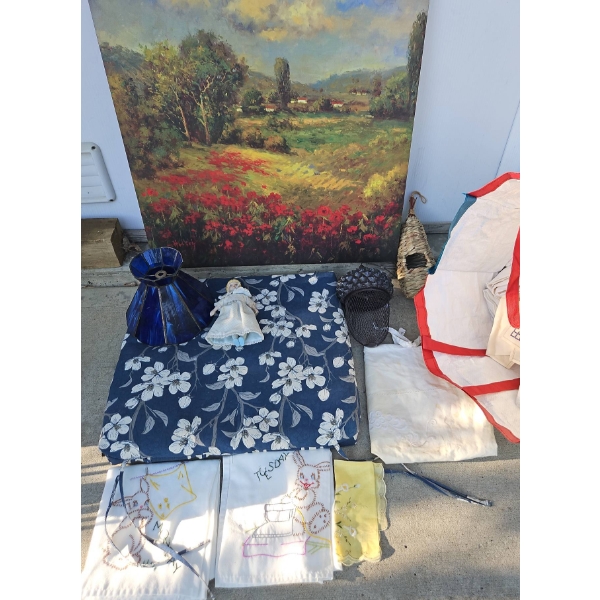 Lot: Landscape Painting, Blue Glass Shade, Porcelain Doll, Linens and Wicker Bird House