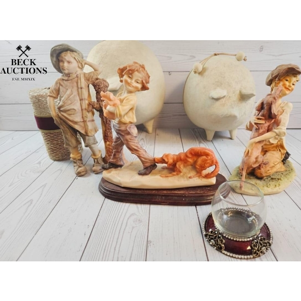  Collection Of  Ceramic Figurines, Likely Depicting Children With Pigs And Dogs, 
Two Big Pig ( Pott