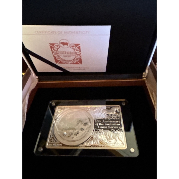 20TH ANNIVERSARY OF THE AUSTRALIAN LUNAR SERIES COIN BAR – 2 OZ SILVER BAR AND 1 OZ 2019 YEAR OF THE