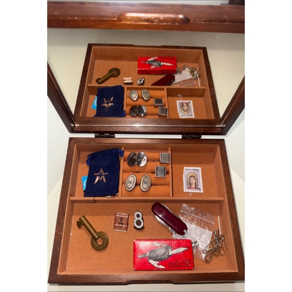 Velvet Lined Oak Jewelry Box w/ Cuff Link Collection & more