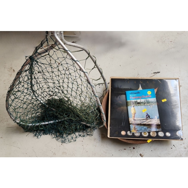 Long Handled Fishing Nets, 2007 Canadian Calendar/ Coins, Vintage Fishing Guide, Gold Pan
