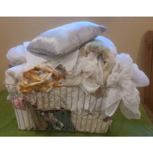 Basket of Assorted Linens, Quilts, Pillow, and Textiles
