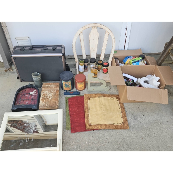 Miscellaneous Household Items Including Tins, Spices, and Decor