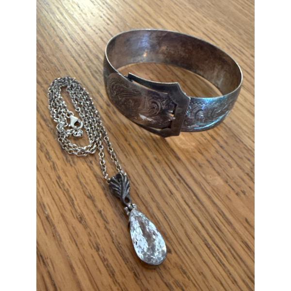 Sterling Belt Bangle w/ Sterling Pendant on Chain w/ Colorless Stone 