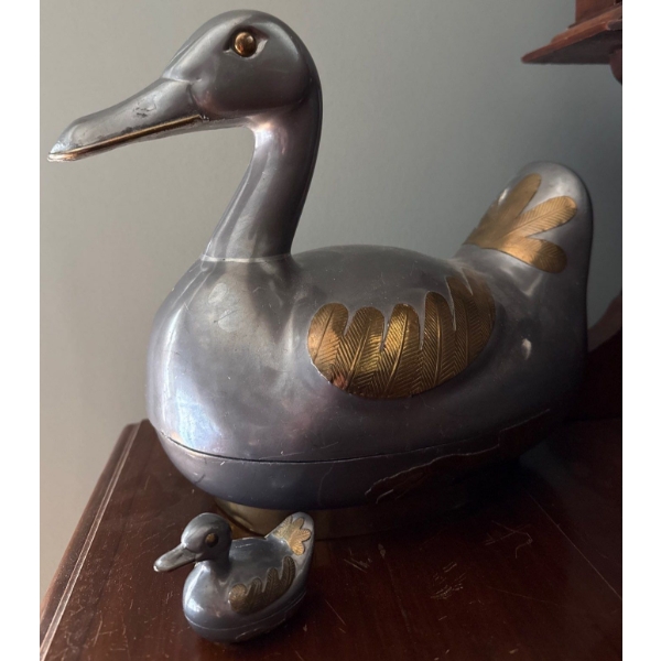 Heavy Pewter and Brass Large Duck Trinket Box w/ Mini Box Duck - Lg is 1 Foot Wide, 10 Inches Tall 